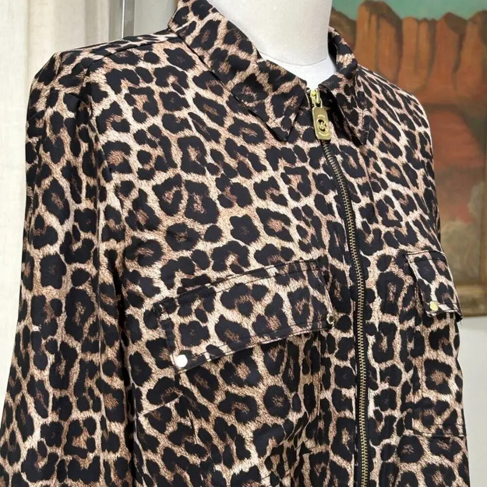 Michael Kors Leopard Animal Print Top Womens L Zip Up Blouse Lightweight Luxury